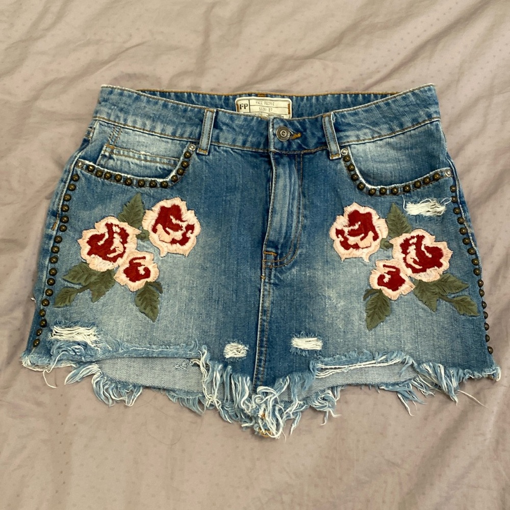 Free People denim embroidered skirt
